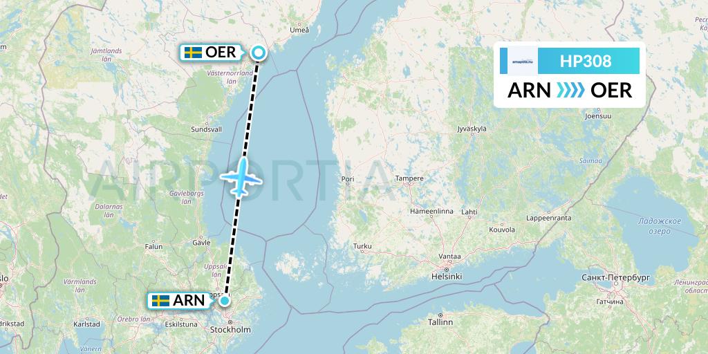 HP308 Amapola Flyg Flight Map: Stockholm to Ornskoldsvik