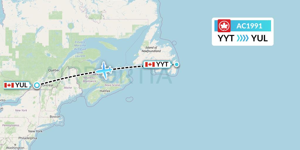 AC1991 Air Canada Flight Map: St. John's to Montreal