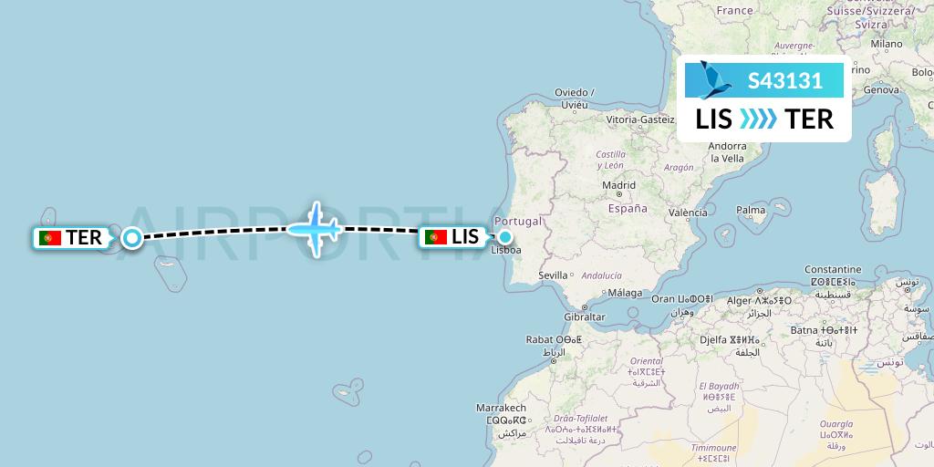 S43131 Azores Airlines Flight Map: Lisbon to Lajes