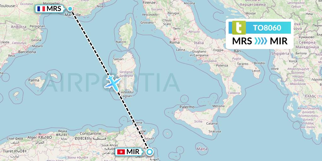 TO8060 Transavia France Flight Map: Marseille to Monastir