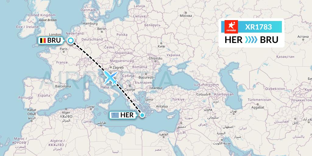 XR1783 Corendon Airlines Europe Flight Map: Heraklion to Brussels