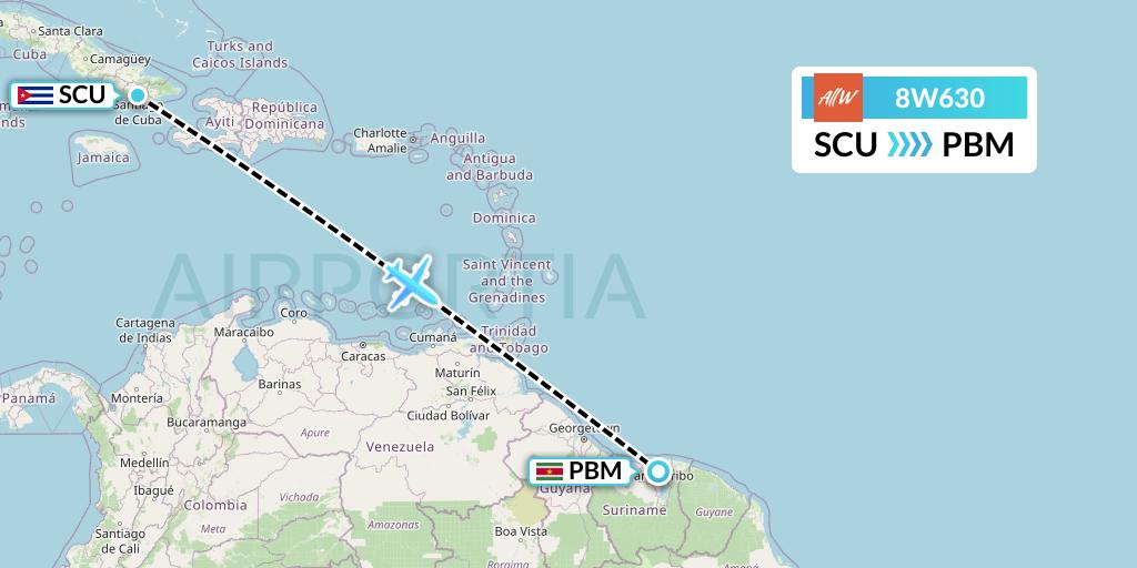 8W630 Fly AllWays Flight Map: Santiago de Cuba to Paramaribo