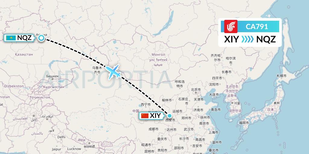CA791 Air China Flight Map: Xi'an to Astana