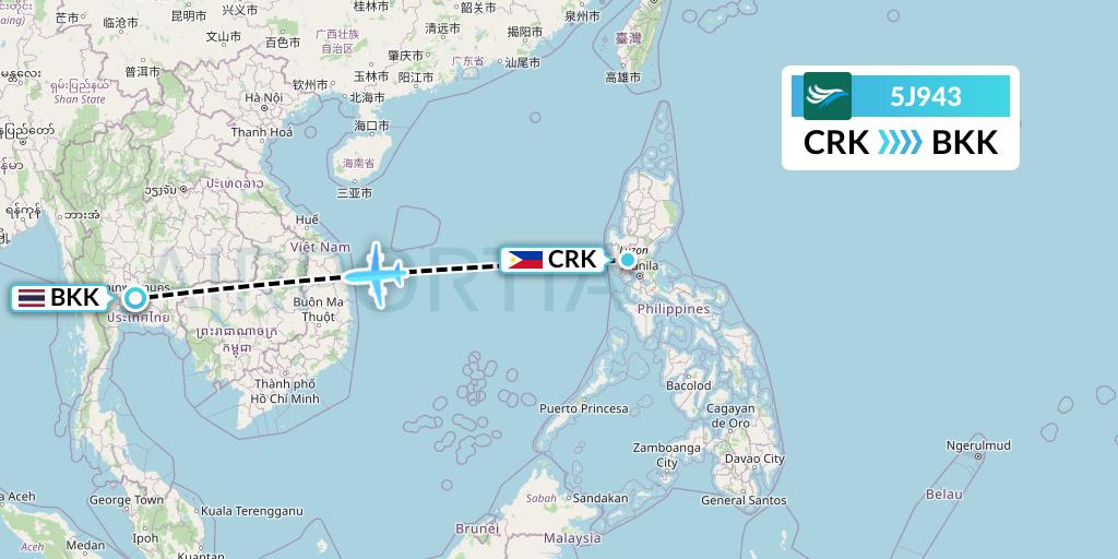 5J943 CEBU Pacific Air Flight Map: Angeles City to Bangkok