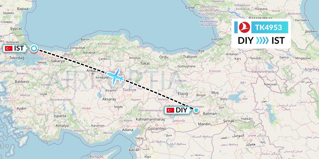 TK4953 Turkish Airlines Flight Map: Diyarbakir to Istanbul