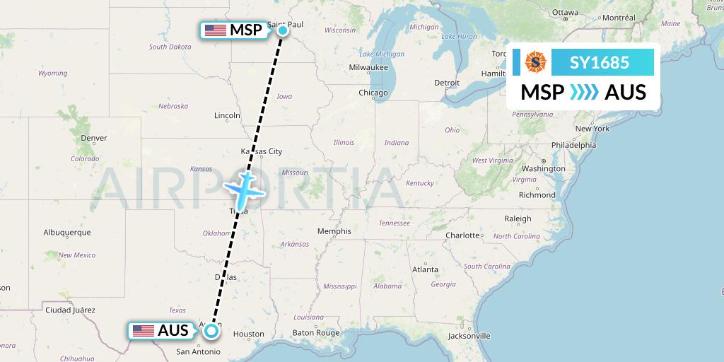 SY1685 Sun Country Airlines Flight Map: Minneapolis to Austin