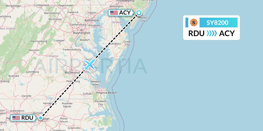 SY8200 Sun Country Airlines Flight Map: Raleigh-Durham to Atlantic City