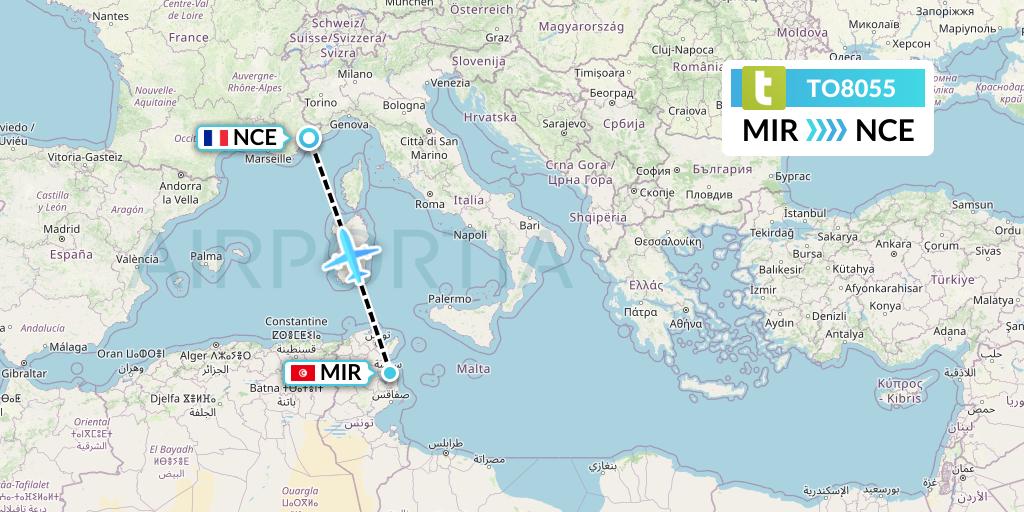 TO8055 Transavia France Flight Map: Monastir to Nice