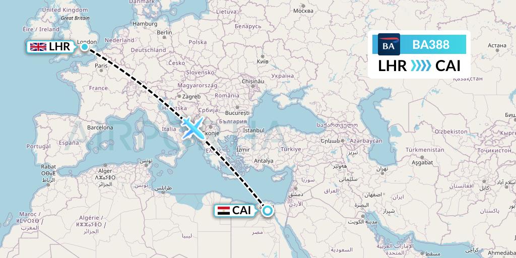 BA388 British Airways Flight Map: London to Cairo