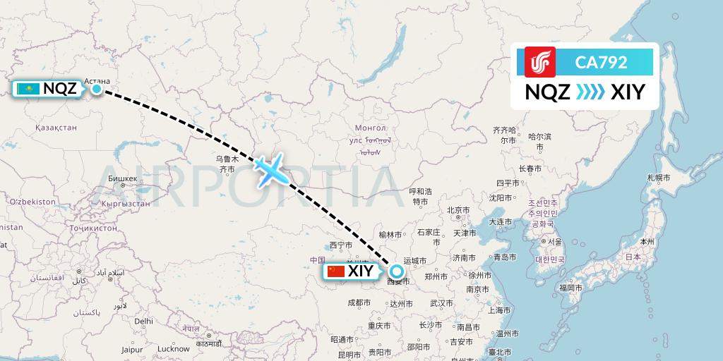 CA792 Air China Flight Map: Astana to Xi'an