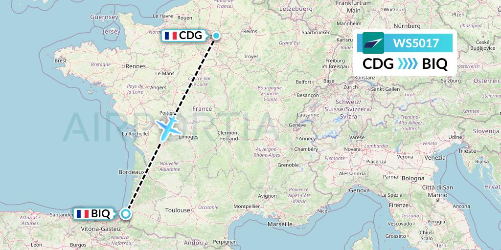 WS5017 WestJet Flight Map: Paris to Biarritz