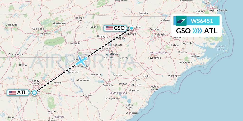 WS6451 WestJet Flight Map: Greensboro to Atlanta
