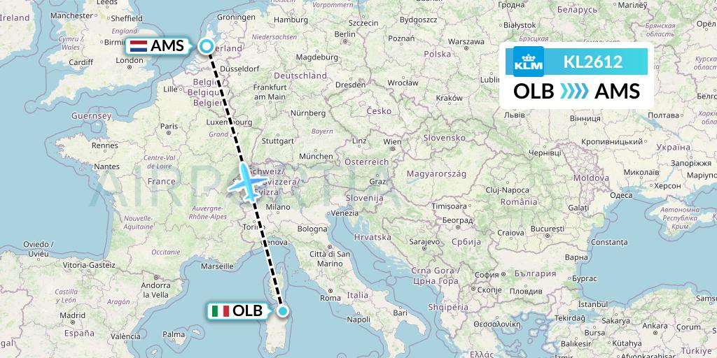 KL2612 KLM Flight Map: Olbia to Amsterdam