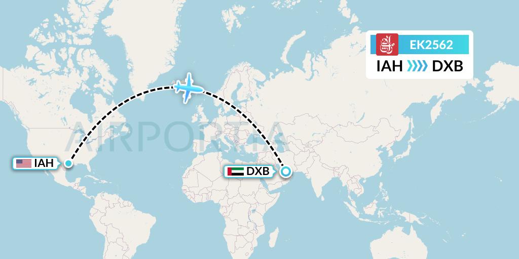 EK2562 Emirates Flight Map: Houston to Dubai