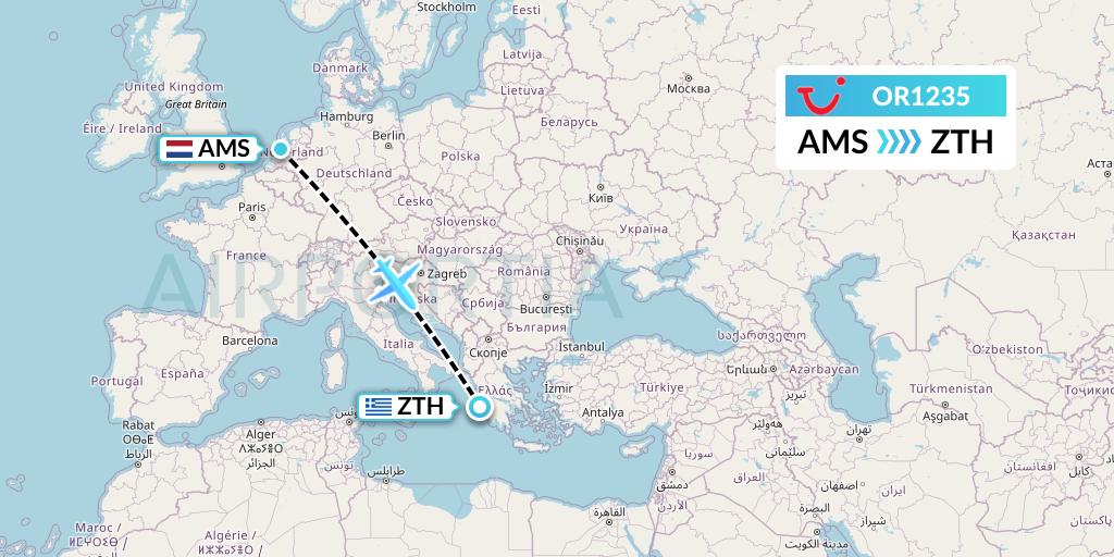 OR1235 TUI fly Netherlands Flight Map: Amsterdam to Zakynthos