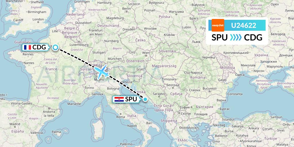 U24622 EasyJet Flight Map: Split to Paris