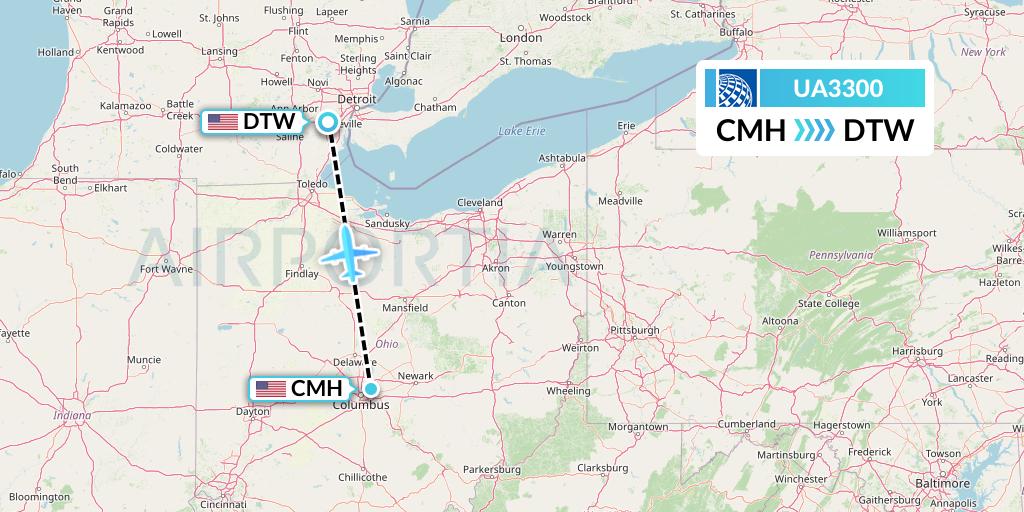 UA3300 United Airlines Flight Map: Columbus to Detroit