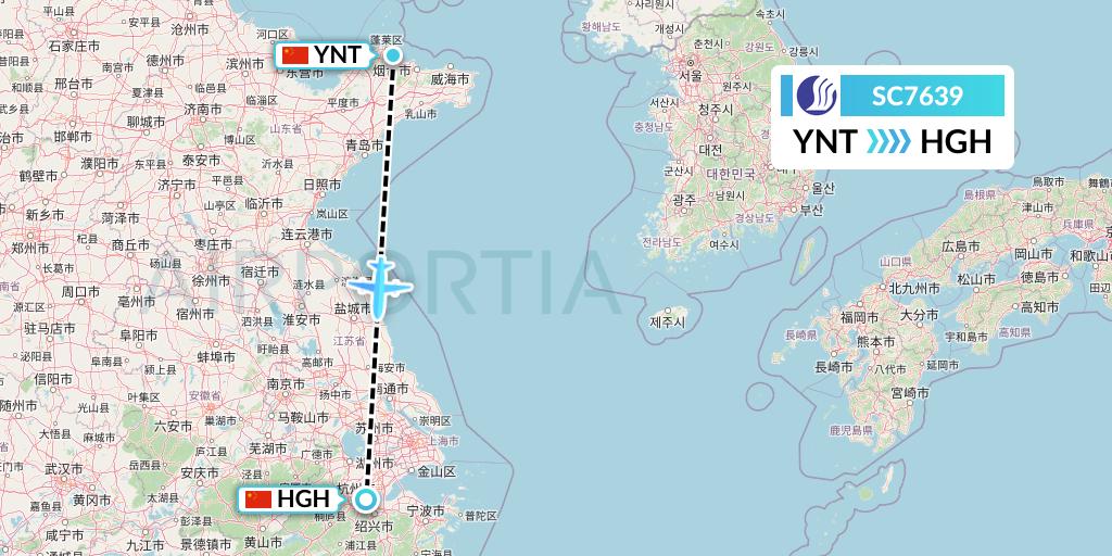 SC7639 Shandong Airlines Flight Map: Yantai to Hangzhou