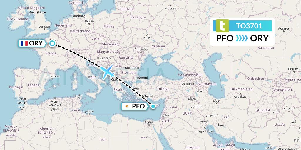 TO3701 Transavia France Flight Map: Pafos to Paris