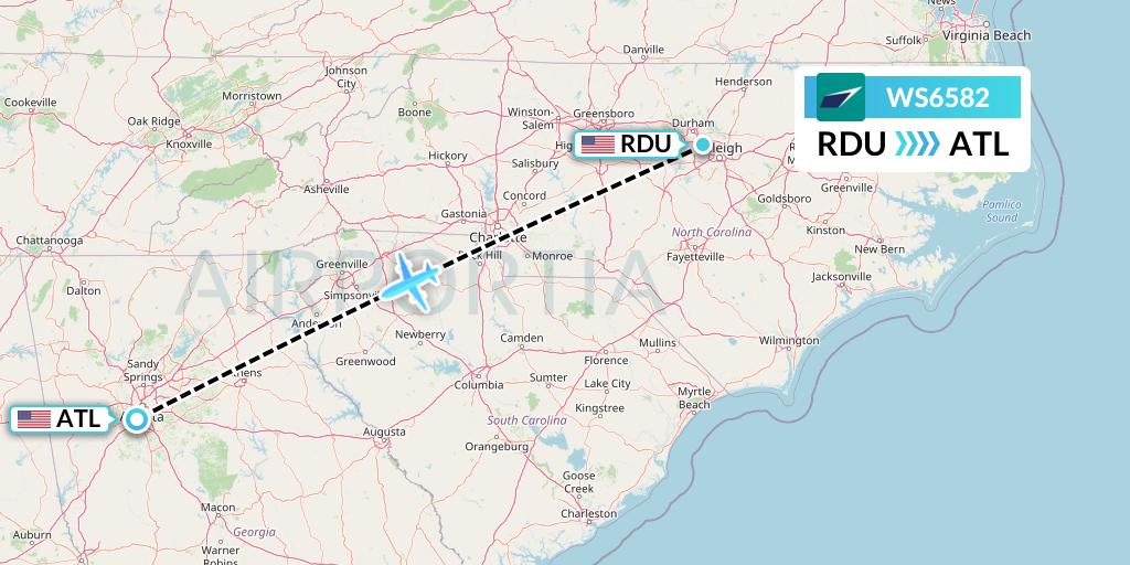 WS6582 WestJet Flight Map: Raleigh-Durham to Atlanta
