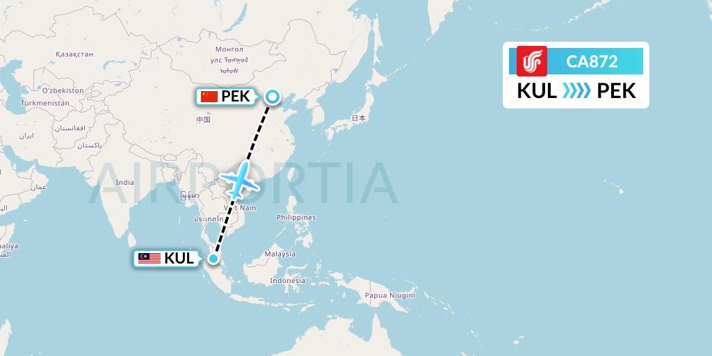 CA872 Air China Flight Map: Kuala Lumpur to Beijing