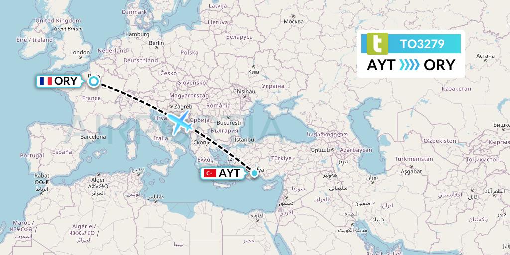 TO3279 Transavia France Flight Map: Antalya to Paris