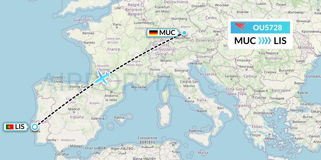 OU5728 Croatia Airlines Flight Map: Munich to Lisbon