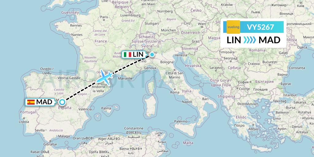 VY5267 Vueling Flight Map: Milan to Madrid