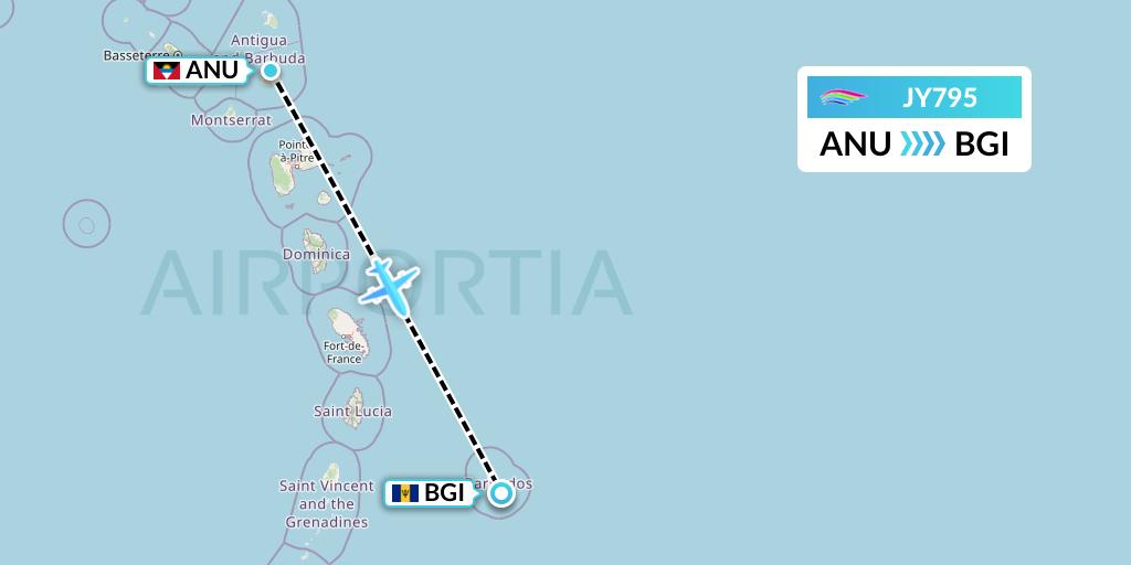 JY795 InterCaribbean Airways Flight Map: Antigua to Bridgetown