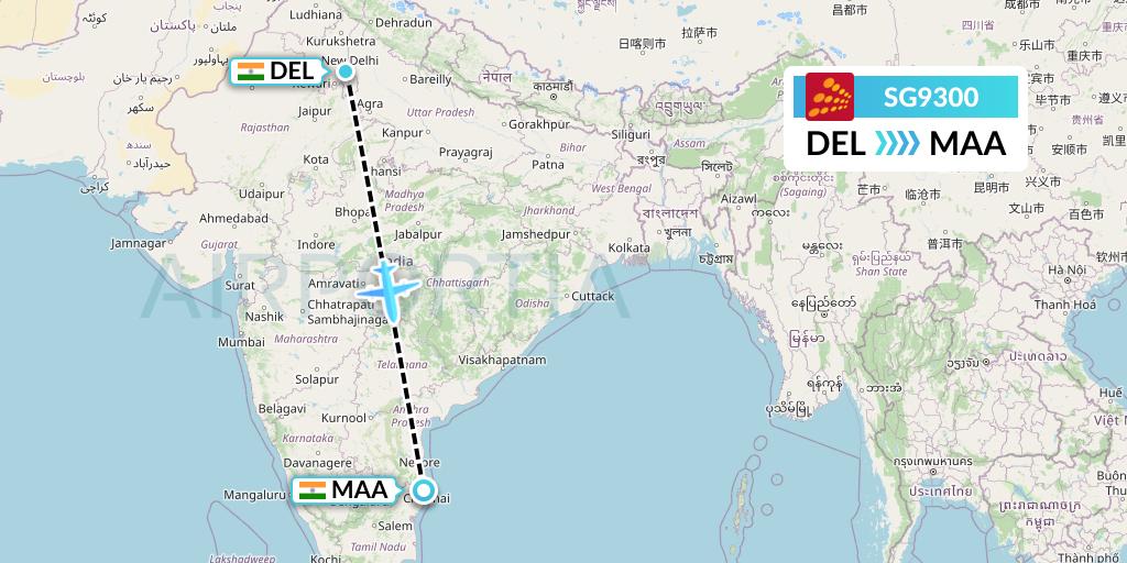 SG9300 SpiceJet Flight Map: Delhi to Chennai