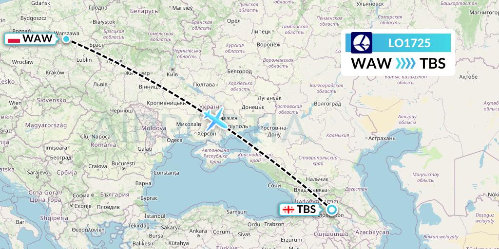 LO1725 LOT Flight Map: Warsaw to Tbilisi