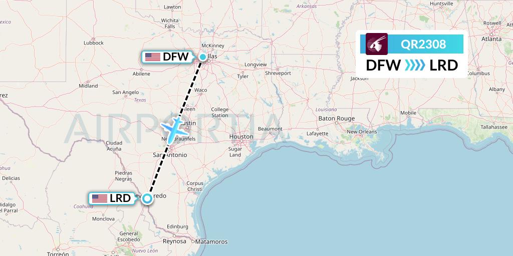 QR2308 Qatar Airways Flight Map: Dallas to Laredo