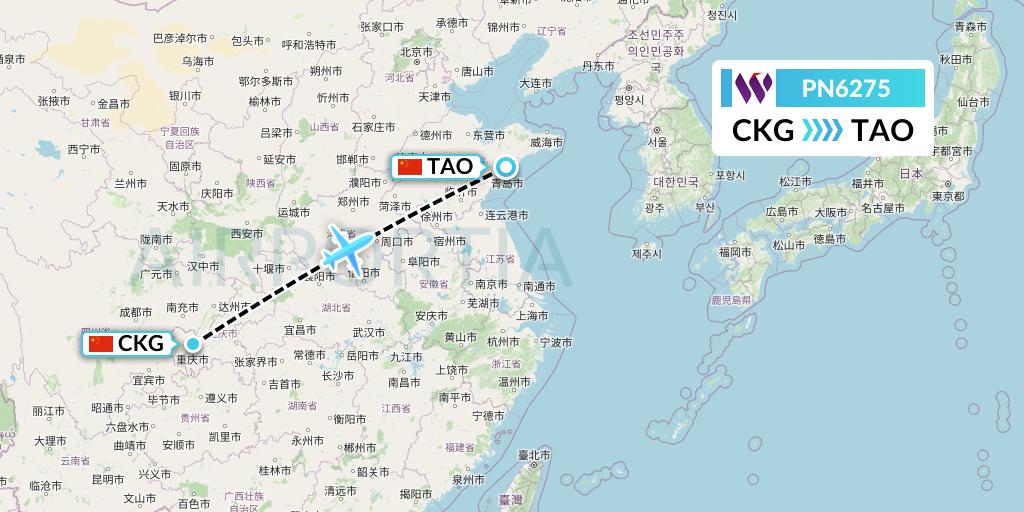 PN6275 China West Air Flight Map: Chongqing to Qingdao