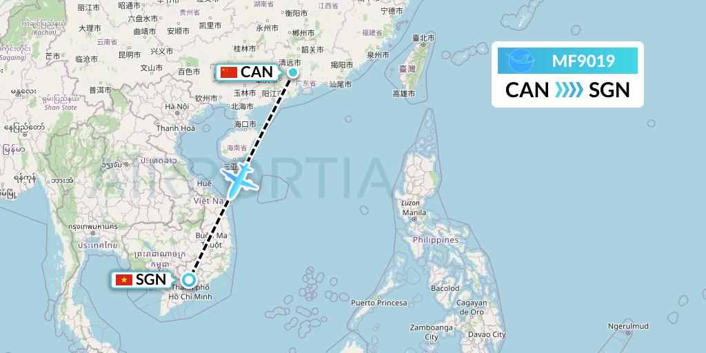 MF9019 Xiamen Airlines Flight Map: Guangzhou to Ho Chi Minh City