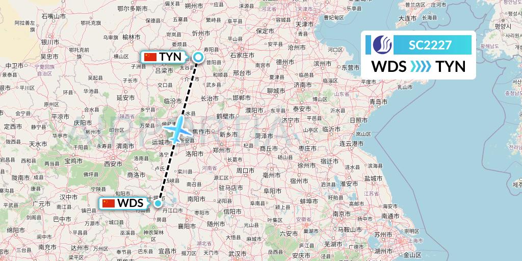 SC2227 Shandong Airlines Flight Map: Shiyan to Taiyuan