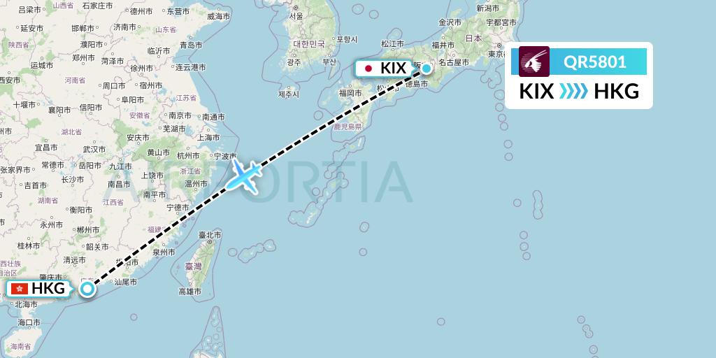 QR5801 Qatar Airways Flight Map: Osaka to Hong Kong