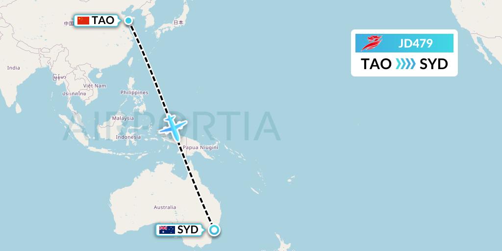 JD479 Capital Airlines Flight Map: Qingdao to Sydney