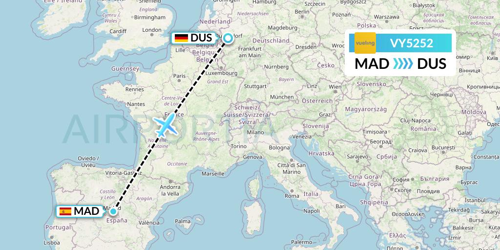 VY5252 Vueling Flight Map: Madrid to Dusseldorf