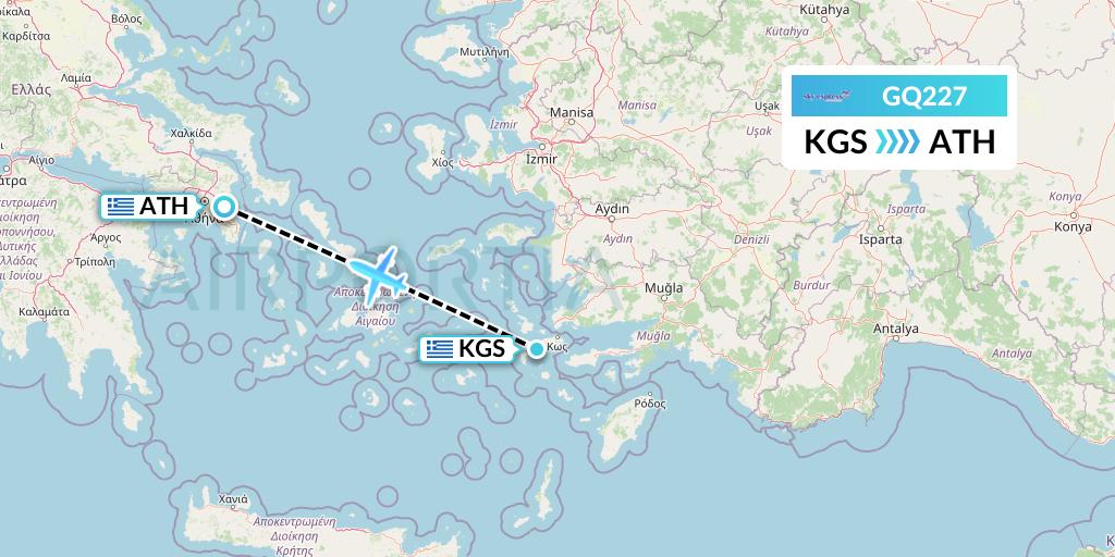GQ227 Sky Express (Greece) Flight Map: Kos to Athens