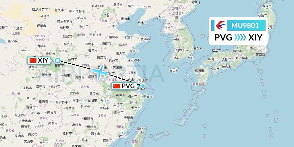 MU9801 China Eastern Airlines Flight Map: Shanghai to Xi'an