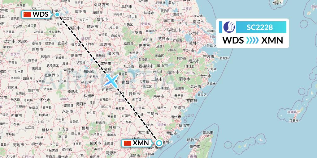 SC2228 Shandong Airlines Flight Map: Shiyan to Xiamen