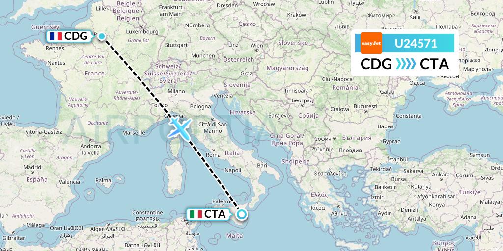 U24571 EasyJet Flight Map: Paris to Catania