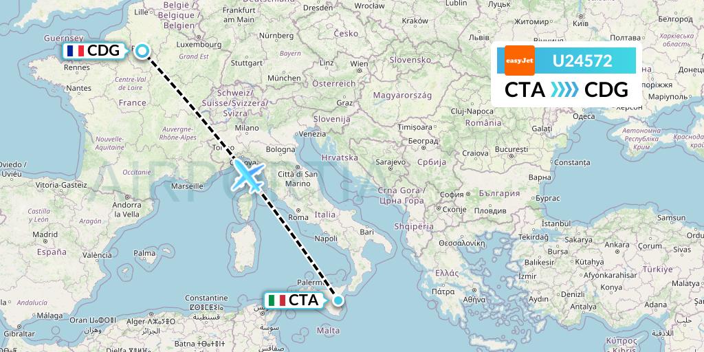 U24572 EasyJet Flight Map: Catania to Paris