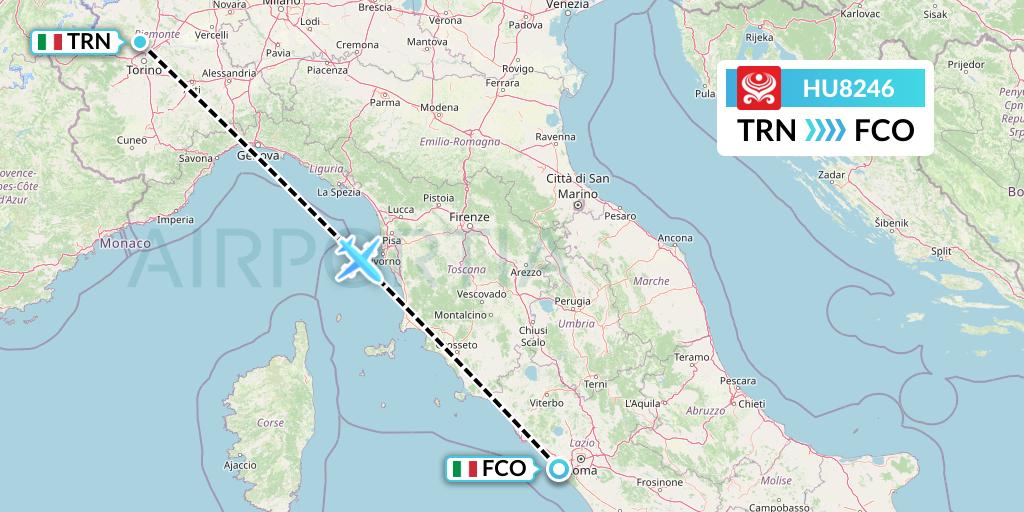 HU8246 Hainan Airlines Flight Map: Turin to Rome