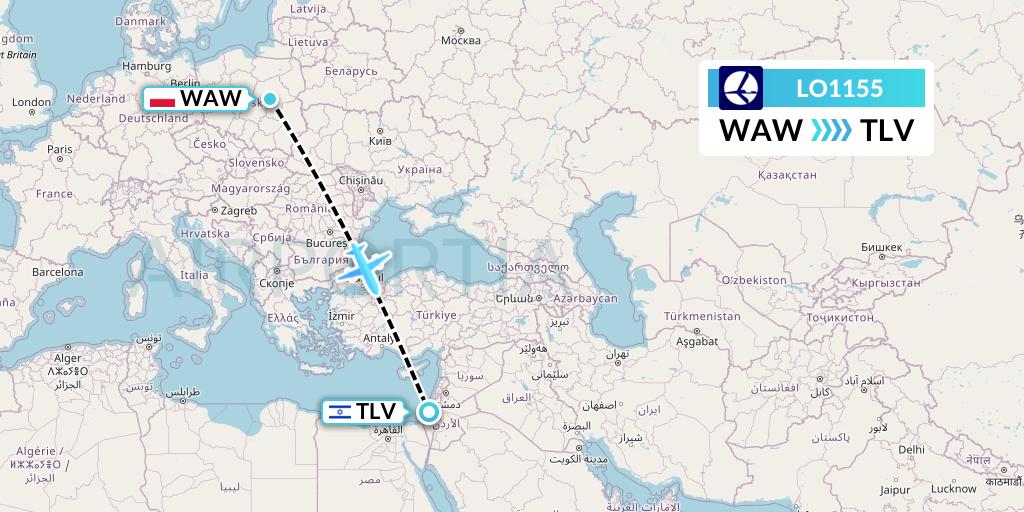 LO1155 LOT Flight Map: Warsaw to Tel Aviv