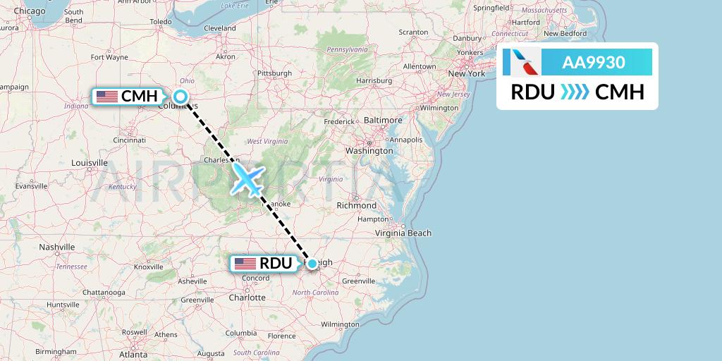 AA9930 American Airlines Flight Map: Raleigh-Durham to Columbus