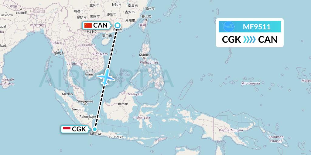 MF9511 Xiamen Airlines Flight Map: Jakarta to Guangzhou