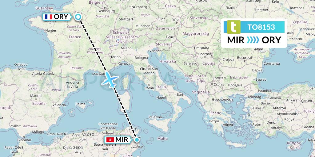 TO8153 Transavia France Flight Map: Monastir to Paris