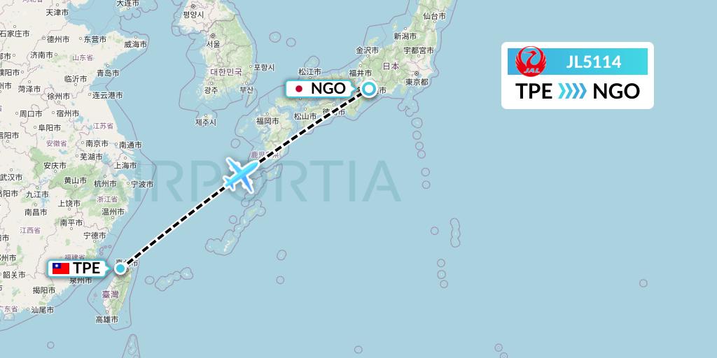 JL5114 Japan Airlines Flight Map: Taipei to Nagoya