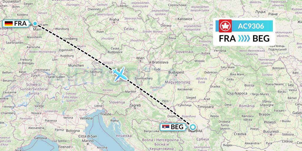 AC9306 Air Canada Flight Map: Frankfurt to Belgrade
